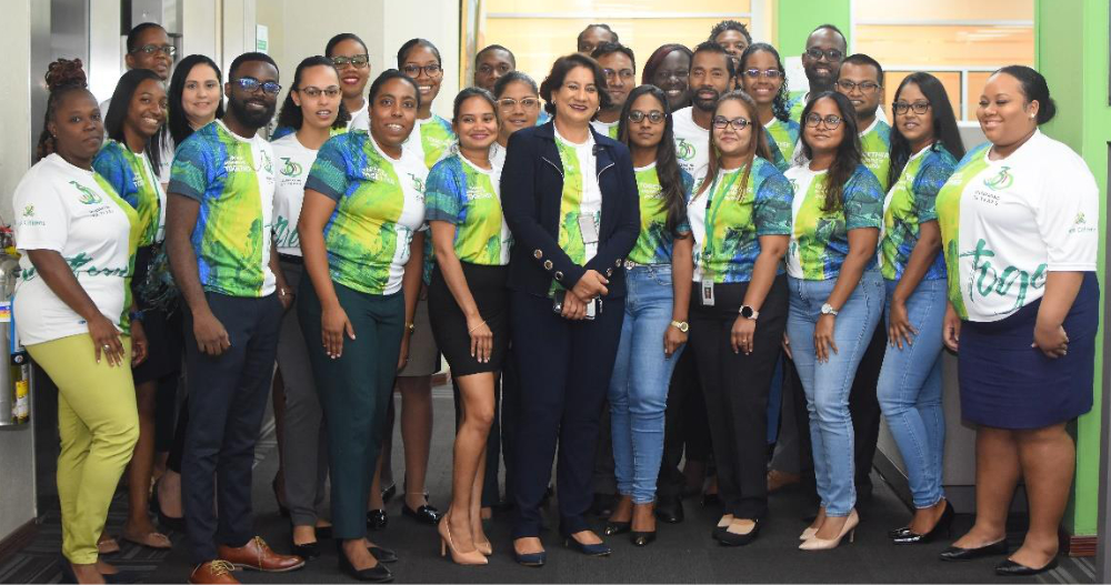 Karen Darbasie - Group CEO, First Citizens greeted staff and customers as well as presented prizes for fun activities at the First Citizens Independence Square Branch